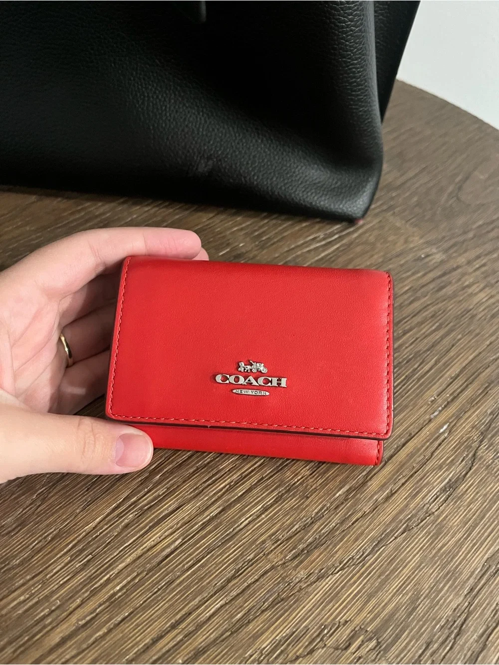 COACH Red Leather Card & Key Holder with Silver Logo